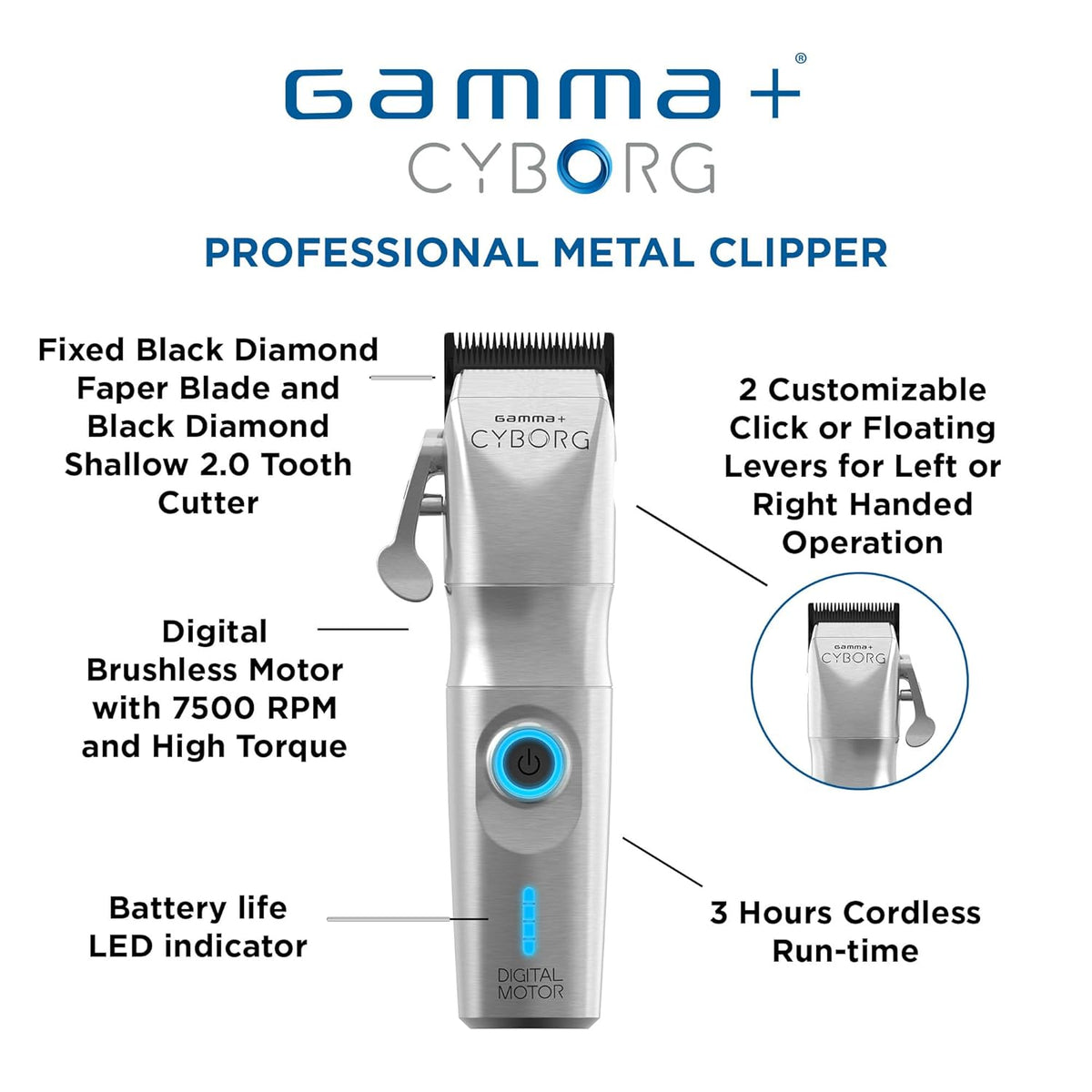 GAMMA+ Cyborg Professional Metal Cordless Ergonomic Hair Clipper